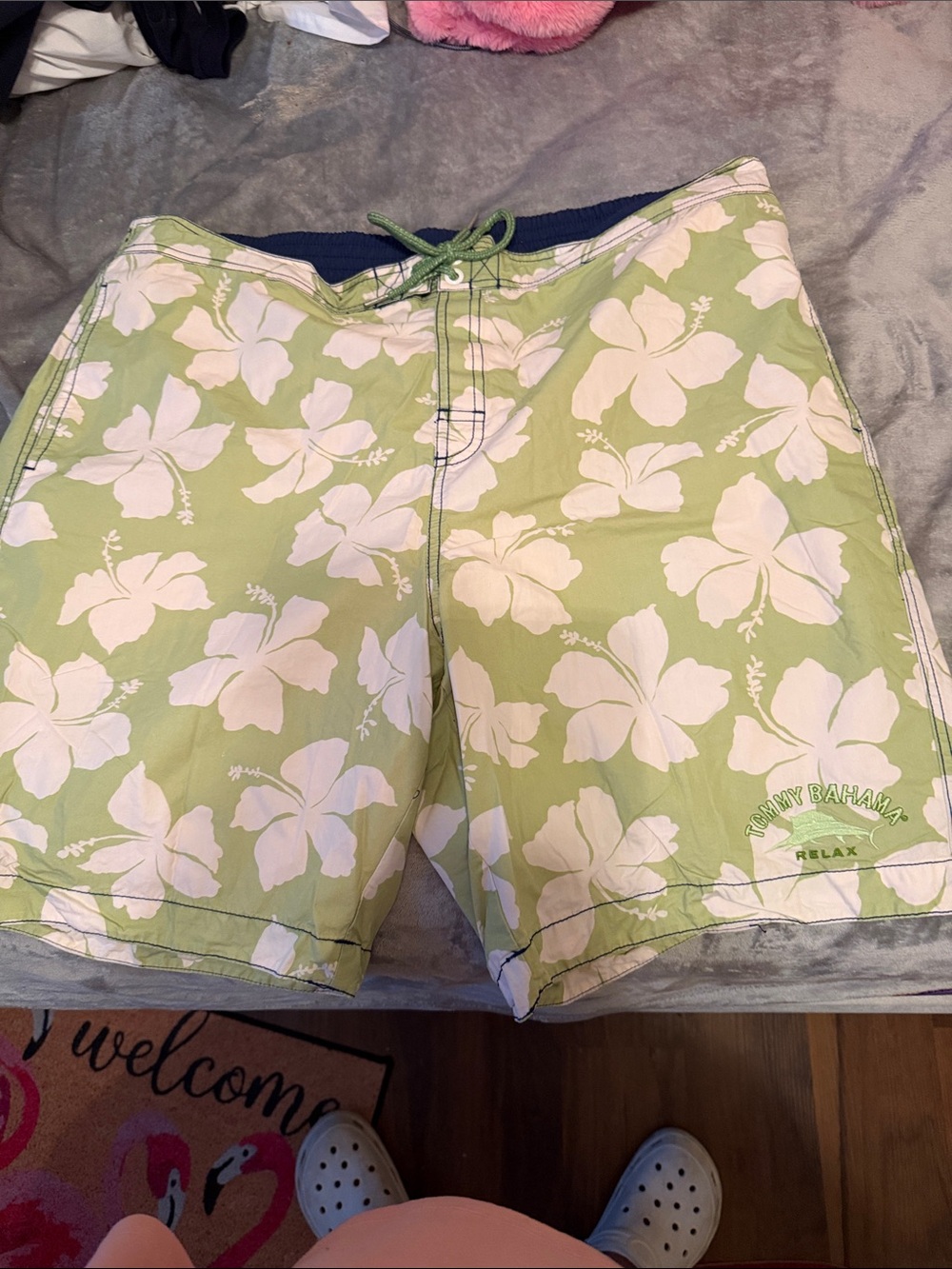 Tommy Bahama Light Green and White Hibiscus Swim Shorts